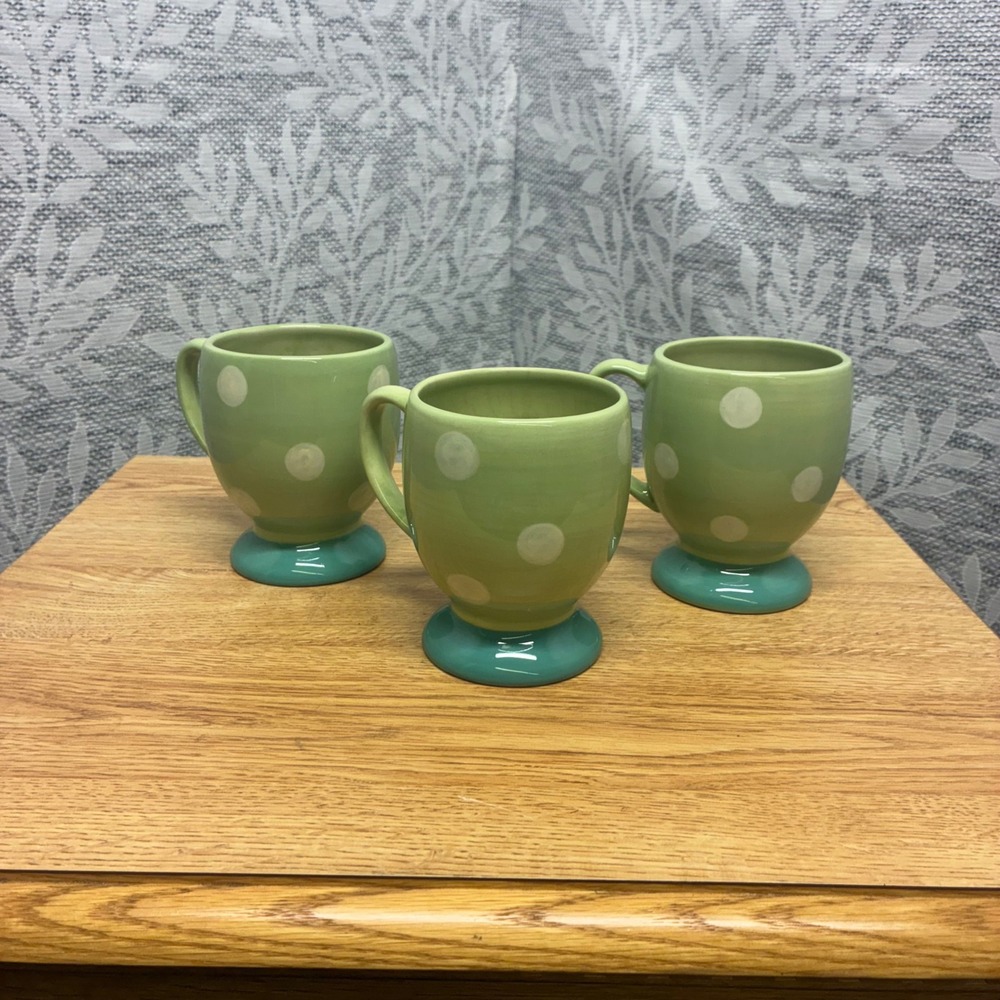 Gail Pittman Provence Hand Painted Mugs Set of 3 Green Polka‎ Dot Pedestal Base